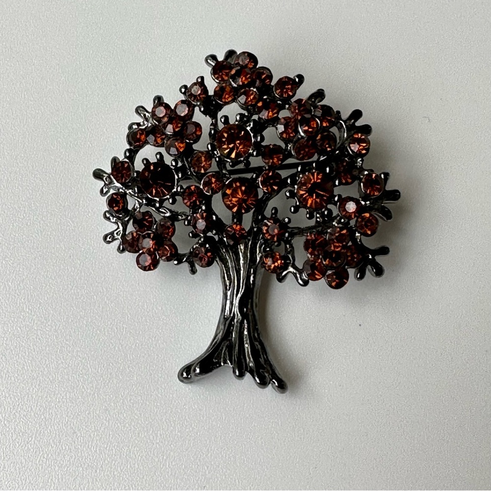Alilang Orange Rhinestones Tree Brooch Pin